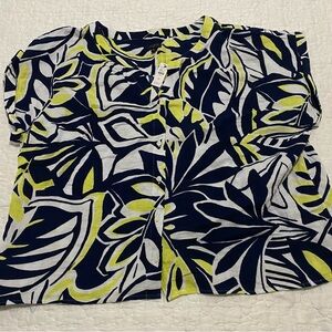 NWT Talbots Plus Navy and Lime Leaf Print Blouse 3X 22